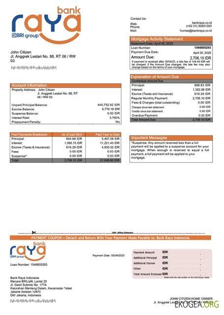 Modèle Word et PDF de relevé hypothécaire de la Banque indonésienne Raya Indonesia